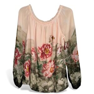 White House Black Market Peony Floral Print Off Shoulder‎ Long Sleeve Blouse Top